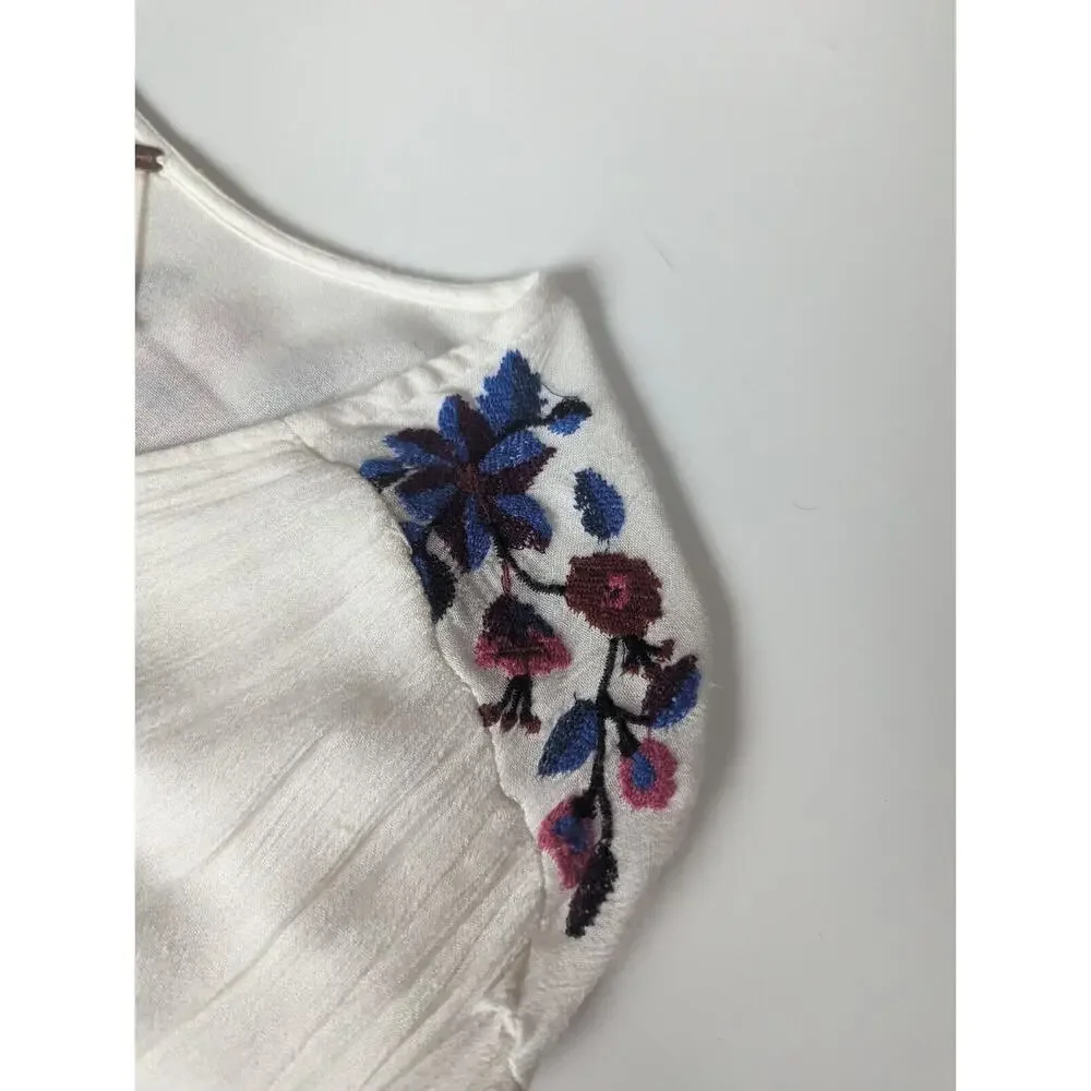 Free People Sz XS White Flowy Embroidered Floral Long Sleeve Shirt